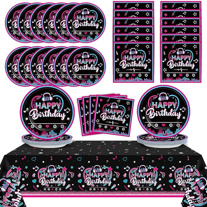 Music Party Supplies Serves 24 Musical Media Party Paper Plates Napkins Music Tablecloth Set Tableware Kit for Kids Birthday Party Baby Shower