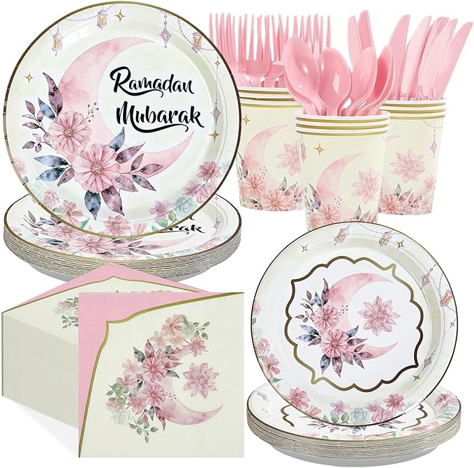 168Pcs Eid Ramadan Decorations for Home Pink Watercolor Flower Lantern Moon Plates and Napkins Cups Islamic Mubarak Decor Tableware Set for Eid al-Fitr al-Adha Festival Home Party Supplies Serves 24