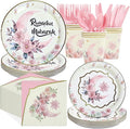 168Pcs Eid Ramadan Decorations for Home Pink Watercolor Flower Lantern Moon Plates and Napkins Cups Islamic Mubarak Decor Tableware Set for Eid al-Fitr al-Adha Festival Home Party Supplies Serves 24