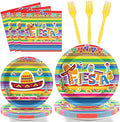 96 Pieces Fiesta Party Decorations Mexican Plates Tableware Set for De Mayo Party Decorations Supplies Mexican Themed Paper Dessert Plates Napkins Forks for 24 Guests Birthday Party Favors