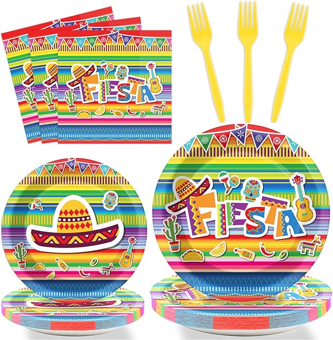 96 Pieces Fiesta Party Decorations Mexican Plates Tableware Set for De Mayo Party Decorations Supplies Mexican Themed Paper Dessert Plates Napkins Forks for 24 Guests Birthday Party Favors
