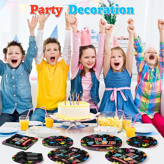Hi Five Drawing Party Supplies - 96Pcs Art Painting Themed Plates Napkins Forks Tableware Set, Disposable Paper Plates Party Decoration for Kids 5 Years Old Birthday Baby Shower Table Decor, Serve 24