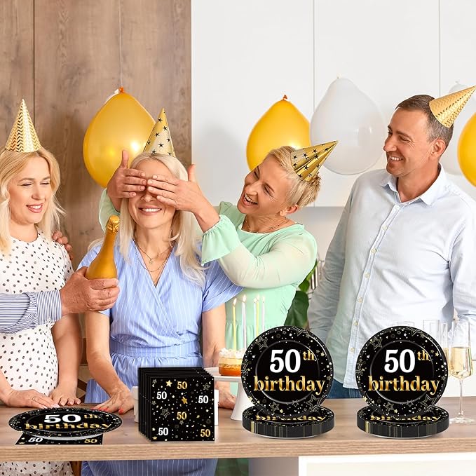 Qyeahkj 48Pcs 50th Birthday Paper Plates and Napkins Black and Gold Happy Birthday Party Decorations Cheers to 50 Years Party Supplies 50 Years Old Disposable Tableware Set for Women Men Serve 24