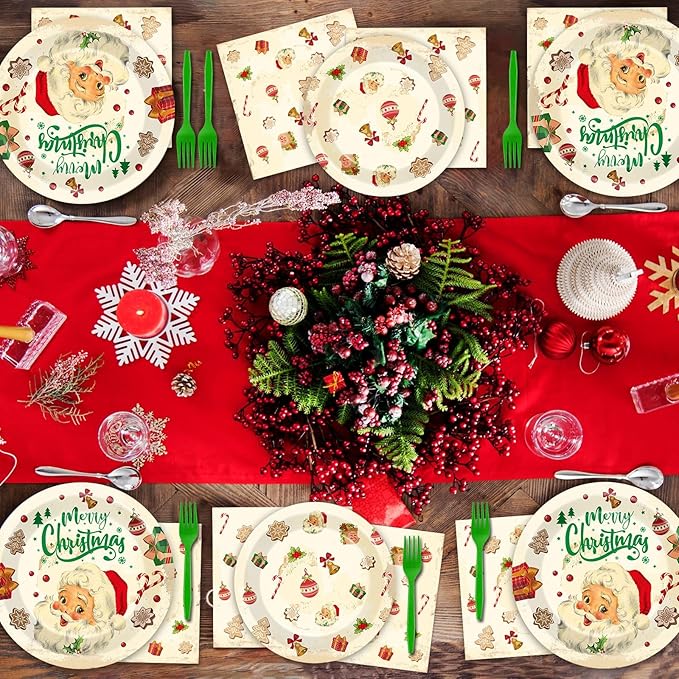 Qyeahkj 100 Pcs Christmas Xmas Party Paper Plates and Napkins, Vintage Holiday Party Supplies Birthday Party Tableware Set Table Decorations Favors with Forks for Girls Boys Kids Serve 25