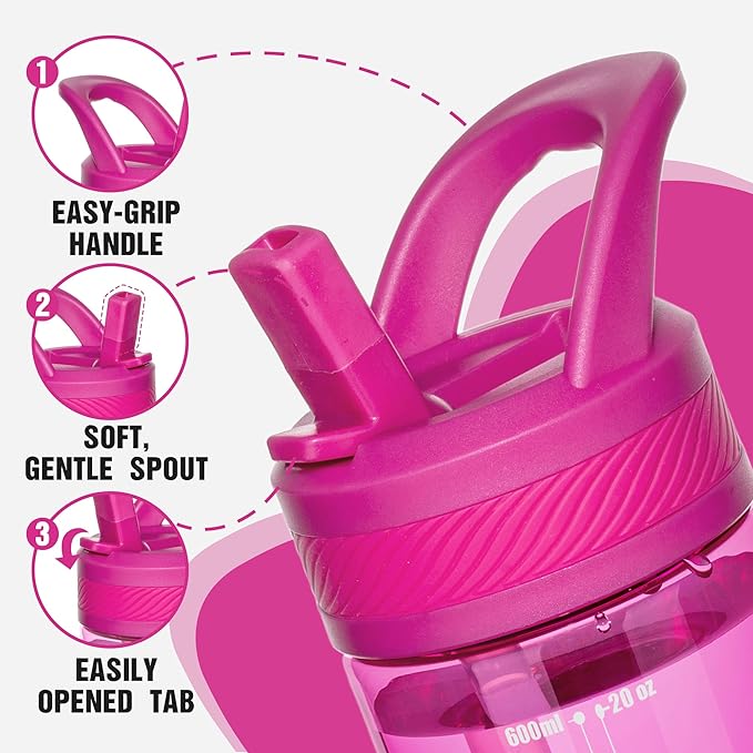 OLDLEY 20 kids Water Bottle with Straw,Tritan BPA-Free,Leak-Proof Design for Travel,Home, School, (Fuchsia)