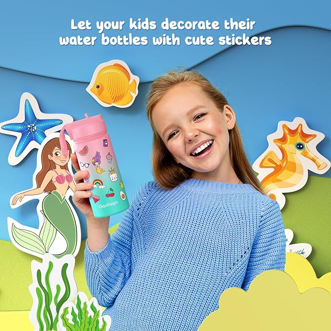 Kids Water Bottle, 2-Pack 16oz Kids Water Bottle with Stickers for School, insulated Stainless Steel Straw Cup(Pink+Blue)