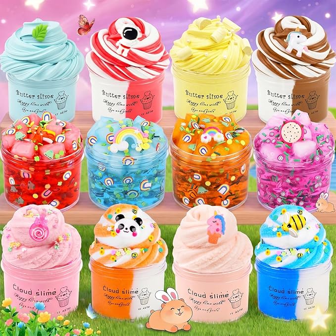 Slime Kit 12 Pack - 4 Jelly Cube Crunchy, 4 Butter, 4 Cloud Slime - Soft Stretchy Stress Relief Toy for Kids, Birthday Party Favors for Boys & Girls, Halloween, Classroom, Easter & Treat Bags