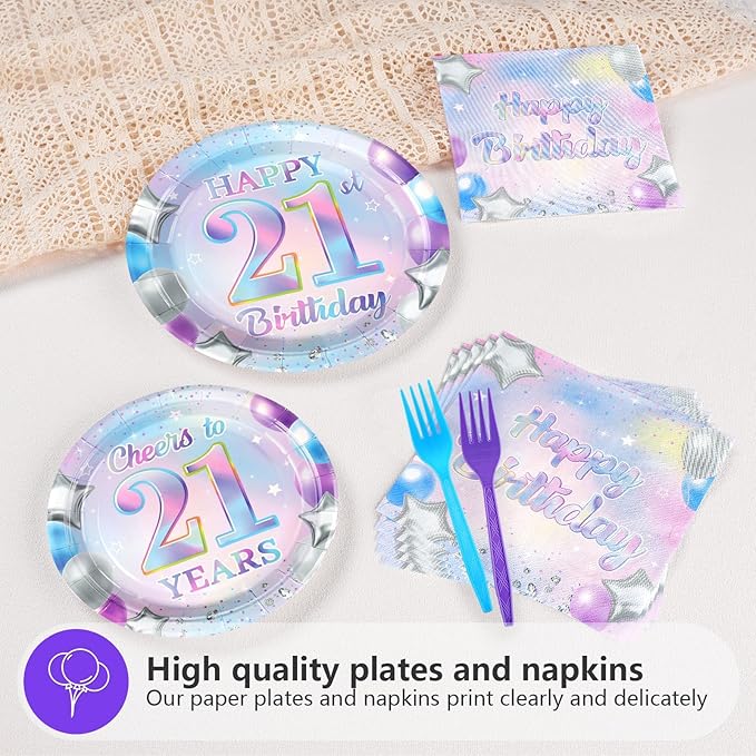 Grencian 96Pcs 21st Birthday Decorations Iridescent 21st Birthday Party Plates Disposable 350GSM Cheers to 21 Years Paper Tableware Set for Girls Women 21 Years Old Party Supplies Serves 24