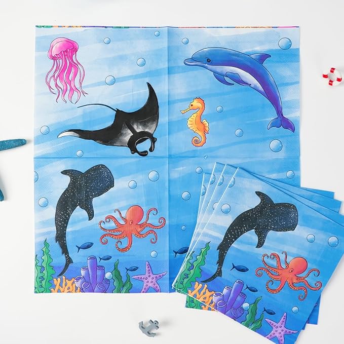 WERNNSAI Ocean Birthday Party Decorations - 48 Pcs Shark Theme Party Decorations Ocean Party Plates and Napkins for Kids Boys Under The Sea Birthday Baby Shower Party Serve 16 Guests