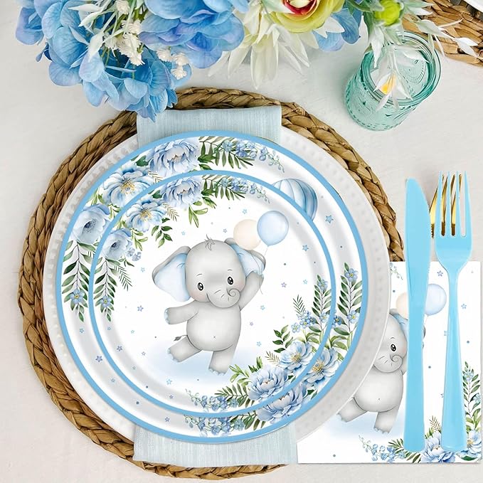 Elephant Baby Boy Shower Party Supplies - 175pcs Blue Elephant Party Decorations Paper Plates Napkins Cups and Utensils Tableware Sets Blue Floral Theme Birthday Party Tableware Set