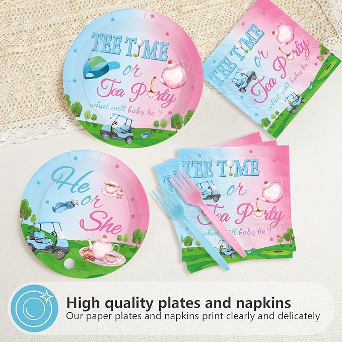 96 Pcs Golf Gender Reveal Decorations Blue Or Pink Golf Gender Reveal Plates and Napkins Tee Time He Or She Tableware Set for Boys Girls Baby Shower Birthday Party Supplies Serves 24