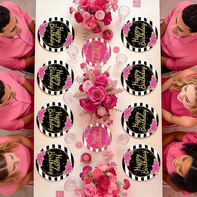 96Pcs Black and Pink Birthday Party Supplies Happy Birthday Plates and Napkins Hot Pink Rose Black White Stripe Tableware Set for Girls Women Couple Birthdays Party Supplies Serves 24