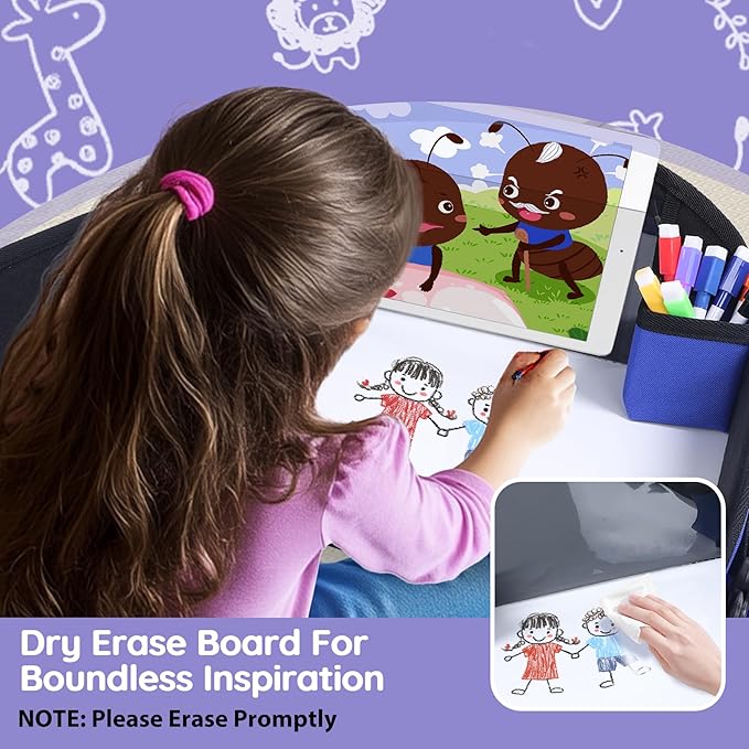 Kids Travel Tray, 2Pcs Kids Travel Trays for Car Seat, Road Trip Essentials for Toddler, Carseat Lap Tray Organizer for Road Trip, Airplane Activities for Kid, Blue