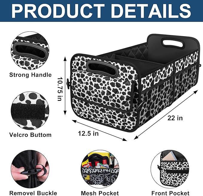Deosk Trunk Organziers and Storage with 6 Big Pocket,Car Accessories for Women/Men 50L Waterproof Polyester Trunk Organzier for Car/SUV/Minivan/Truck(Medium, Cow print)