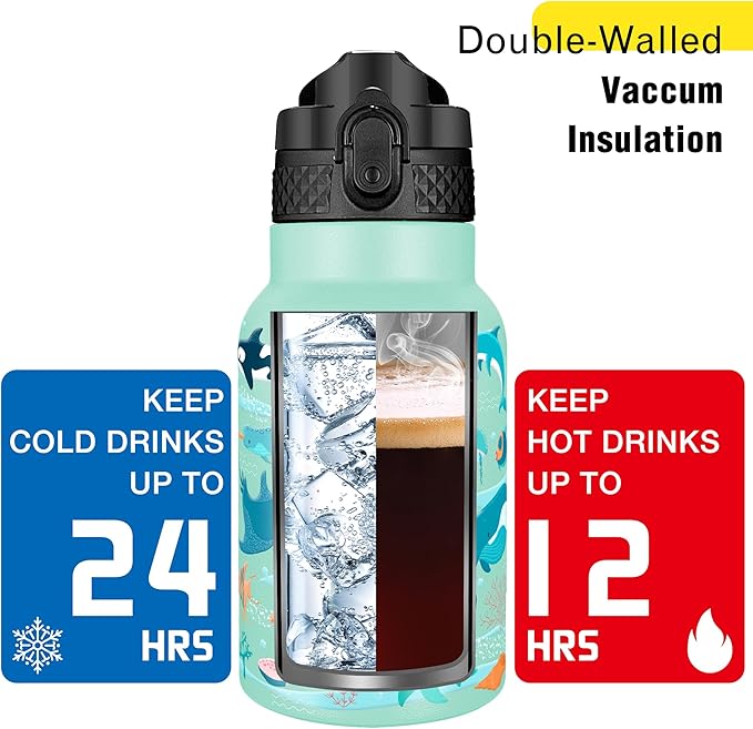 Han's Bottle Kids Water Bottle with Straw Lid - Insulated Stainless Steel Reusable Tumbler for Girls,Boys,Thermo Mug,12oz,Ocean Fish