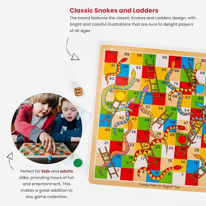 Bigjigs Toys Traditional Snakes and Ladders Game | 4 Player Wooden Board with Counters & Dice | Family Toy for Kids & Adults | Educational Tool for 3+ Year Old Children | Classic