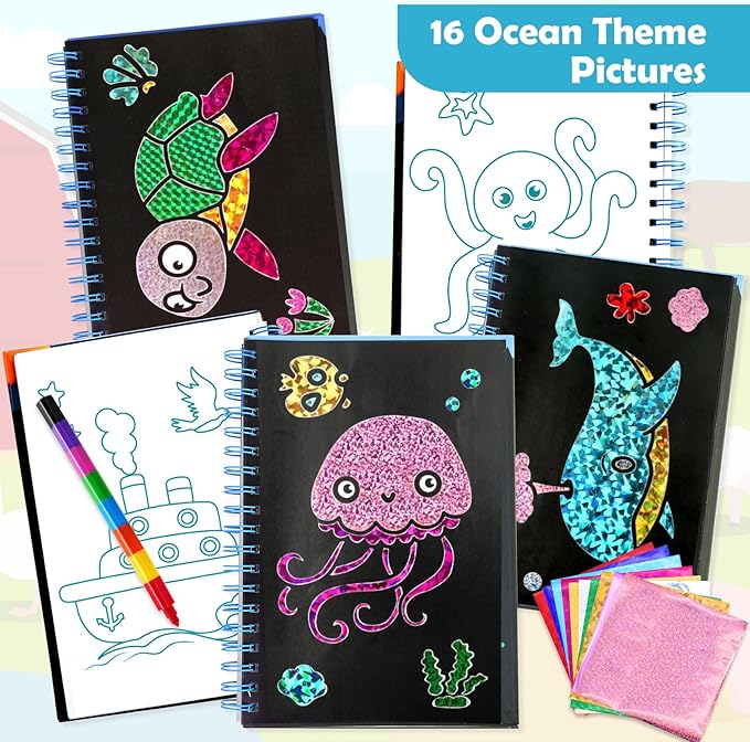 FUNNYB&G Foil Art Crafts for Kids Ages 4-8: Mother's Day 2026, Birthday Gift for Kids, Art and Crafts Supplies, Party Favors, Creative Toys for Kids 4 5 6 7 8 9 Years Old(Ocean)