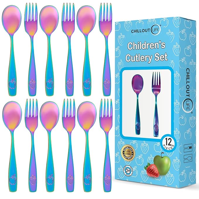 CHILLOUT LIFE Stainless Steel Kids Silverware Set 12 Pieces - Child and Toddler Safe Flatware - Kids Utensil Set - Metal Kids Cutlery Set (Includes 6 Small Kids Spoons & Kids 6 Forks, UV Rainbow)