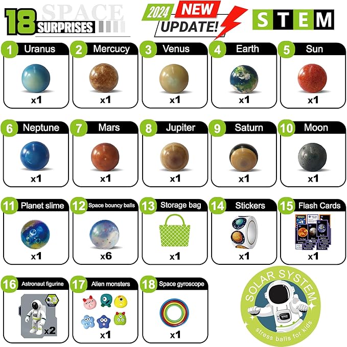 Solar System Planets Toys for Kids, STEM Educational Sensory Toys for Autistic Children Non-Toxic, Space Astronaut Slime Ball Alien Monster Toy Set with Mesh Storing Bag for 3-5-8-10 Boy Girls