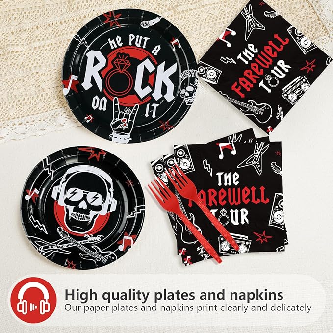 96Pcs Rock and Roll Party Decorations He Put A Rock On It Plates and Napkins Rock N Roll Tableware Sets for Boys Girls Bachelor Rockstar Guitar Music Theme Born to Rock Party Decorations Supplies