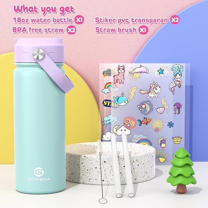 GoKEDA 18oz Kids Water Bottle, Insulated Bottles with Stickers, 18/8 Stainless Steel Vacuum Leak Proof Straw Cup for School, Gifts for Boys Girls(PurpleGreen)