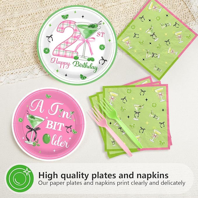 96Pcs Matini 21st Birthday Party Decorations A Tini Bit Older Plates and Napkins Tableware Sets Pink Green Decorations for 21 Years Old Women Girls Birthday Martini Party Supplies Serves 24