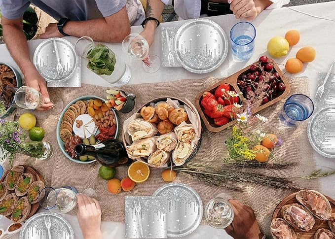72 Pcs Silver Glitter Paper Plates 7in Disposable Paper Dessert Plates Napkins and Forks Party Tableware Set Happy Birthday Table Decorations for 24 Guests Silver Birthday Wedding Theme Party