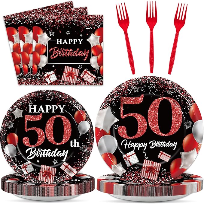 gisgfim 96 Pcs 50th Birthday Plates and Napkins Party Supplies 50 Years Old Birthday Party Tableware Set Red Black Dinner Dessert Plates 50th Birthday Decorations Favors for Man Women for 24 Guests