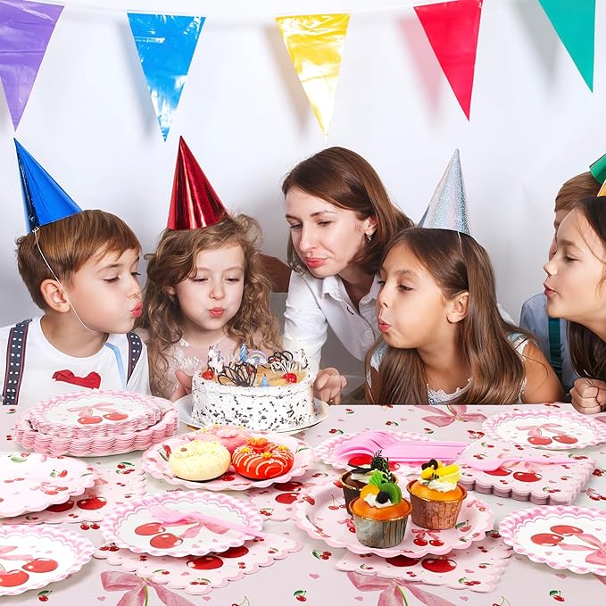 Cherry Party Plates and Napkins Supplies | 25 7inch Dessert Plates | 25 9inch Disposable Plates | 25 Napkins | 25 Forks | 1 Tablecloth for Birthday, Baby Shower,Summer Fruit 1st