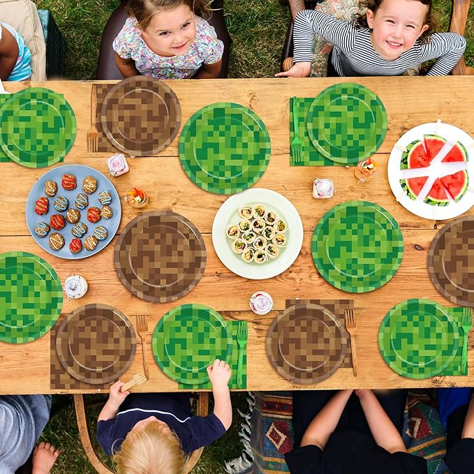 96 Pcs Pixel Party Paper Plates and Napkins Pixel Party Decorations Video Game Disposable Dessert Plates Mining Gaming Tableware Set Serves 24 Guests Boys Girls Kids Teenagers Birthday Supplies