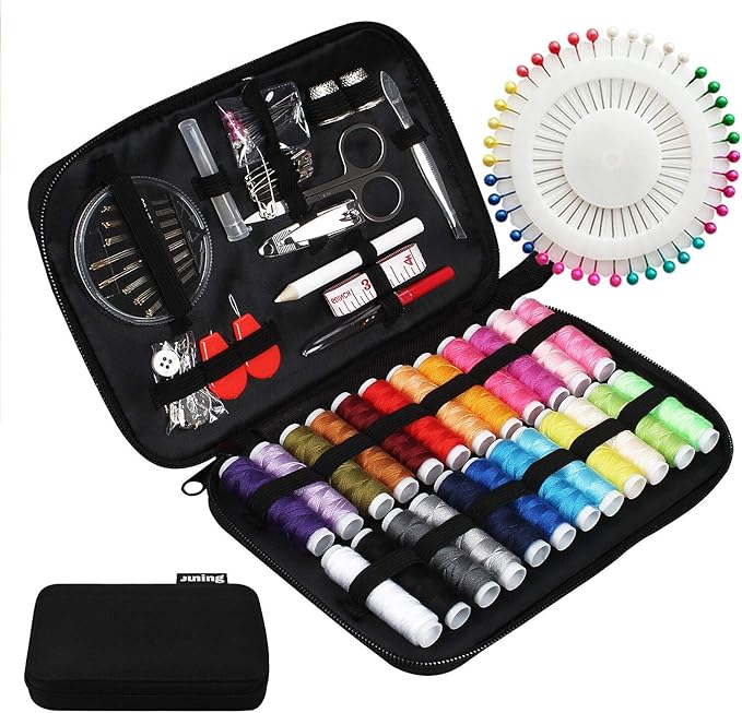 JUNING Sewing Kit with Case, 130 pcs Sewing Supplies for for Mom Grandma Women Men Home Travel and Emergency, Contains 24 Spools Threads, Sewing Needles, Scissors, Thimble, Measuring Tape and More