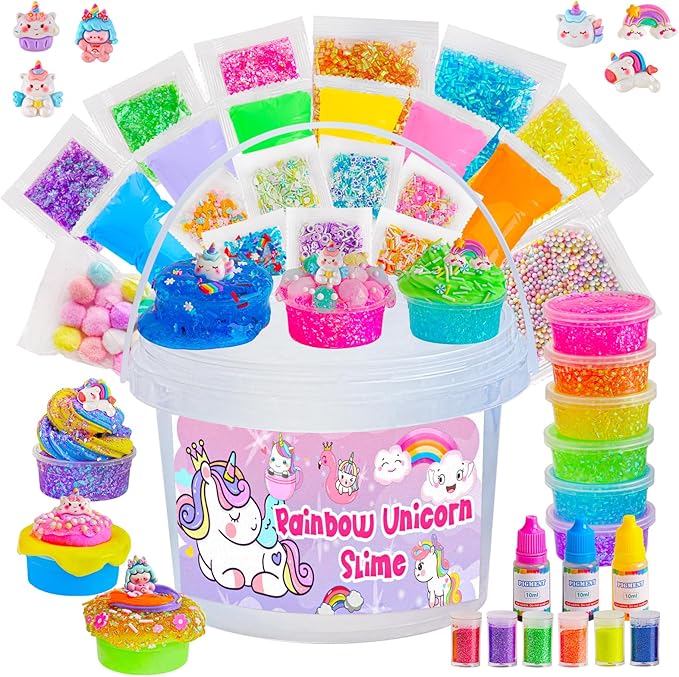 Crystal Clear Slime Kit with 36 Add-ins & 17 FL OZ Premade Base - DIY Rainbow Slime Making Kit in Bucket for Kids, Gift for Girls and Boys Ages 8-12, Party Favors for Birthday, Easter, Halloween