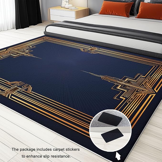 Dark Flannel Rug Geometric Gold Rectangle Frame Machine Washable Area Rug, 5 x 8 ft Non Slip Rugs for Living Room Bedroom Office Kids Playroom Decor Carpet Mat
