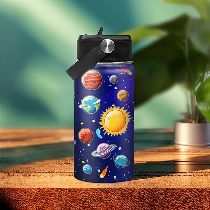 Kids Water Bottle Solar System Water Bottles 12oz with Straw Insulated Stainless Steel Travel School Tumbler Double Wall Vacuum Cup for Girls Kid Boys