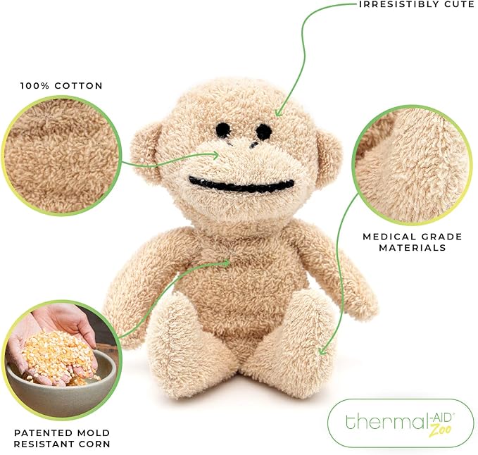 Thermal-Aid Zoo Mini — (Jo Jo the Monkey) — Mold-Resistant, Washable Hot & Cold Pack for Kids — Heating and Cooling Pad with Natural Corn Filling — Reusable Plush Toy