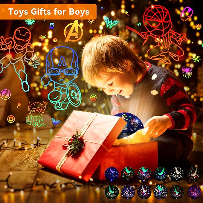 MOKOQI Kid Light Projector Superhero Toys for Boys 5-7 Avengers Night Light Projector with Timer for Kids Room, 360 Degree Rotation Toddler Nightlights with Spiderman Figurine Star Lamps White