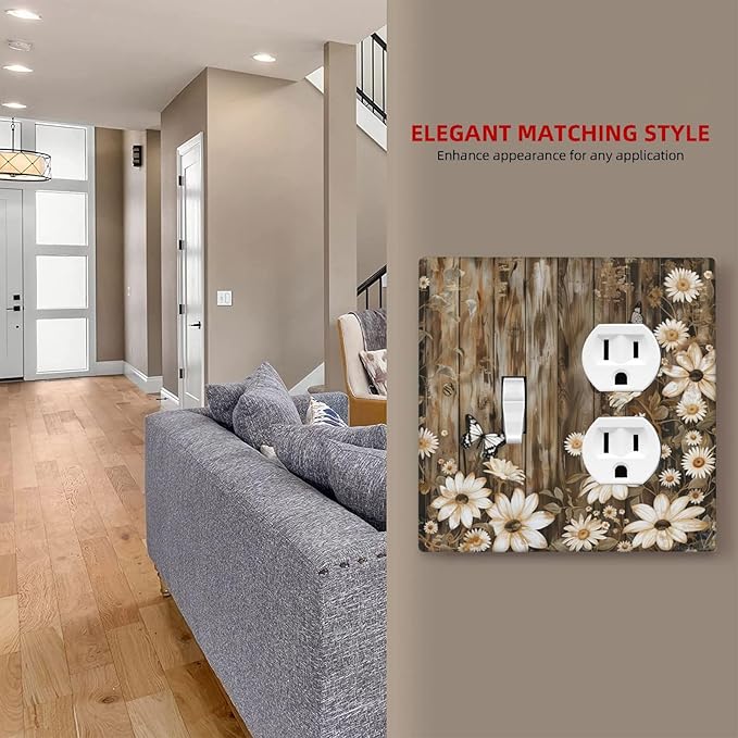 Light Switch Cover Plate Rustic Wood Butterflies Flowers Botanical 2 Gang Decorative Switch Plates 1 Toggle Duplex Combo Outlet Covers GFCI Wall Plates for Farmhouse Cabin Decor