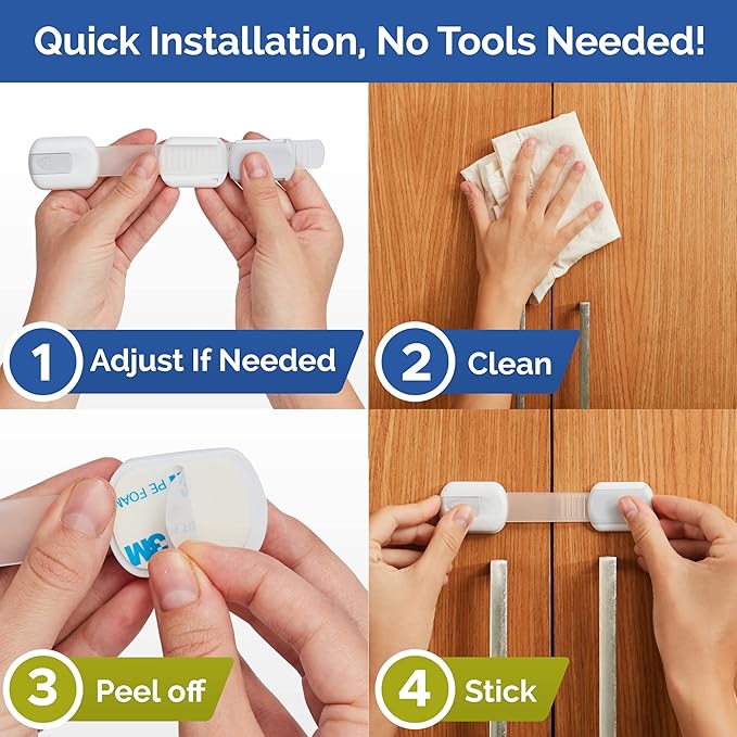 Child Safety Strap Locks (12 Pack) Baby Locks for Cabinets and Drawers, Toilet, Fridge & More. 3M Adhesive Pads. Easy Installation, No Drilling Required, White/Gray