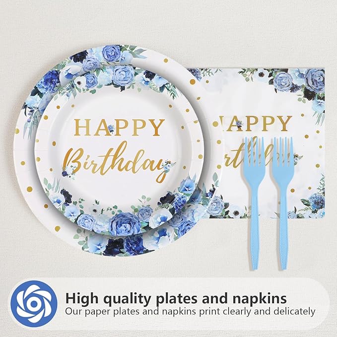 Grencian 96 Pcs Blue Flower Birthday Party Supplies Blue Floral Plates and Napkins Floral Themed Tableware Sets for Women Girls Birthday Party Decorations Serves 24