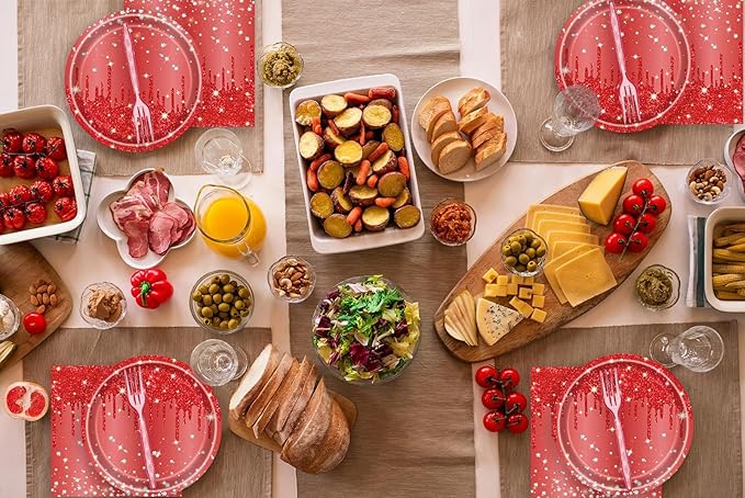 72 Pcs Red Glitter Paper Plates 7in Disposable Paper Dessert Plates Napkins and Forks Party Tableware Set Happy Birthday Table Decorations for 24 Guests Christmas Valentine's Day Red Birthday Party