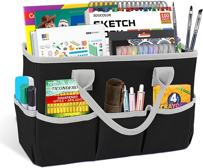 Godery Desktop Tote and Stock Organizer, Teacher Helper Tote Bag Organization for Arts, Books, Stationery, Office Desk Organizer, Make-up Storage Tote with Handles for Travel, Black-Gray