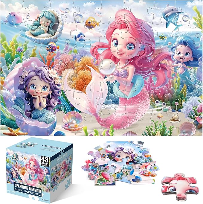 Jumbo Floor Puzzle for Toddlers & Kids Ages 3-5, 48-Piece Mermaid and Underwater Large Jigsaw Puzzle with Educational Fun, Easter Gift for Boys & Girls Ages 4-8