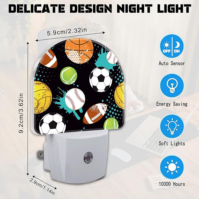 Cartoon Sports Balls Night Light for Kids,Various Balls Plug in Night Light with Dusk to Dawn Sensor, 0.5w Energy Saving Nightlight for Hallway Stairway Kitchen Bedroom