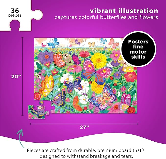 Crocodile Creek 36-Piece Jigsaw Floor Puzzle - Fun Floor Puzzles for Kids Ages 3-5 - Heavy-Duty Shaped Box for Storage - Butterfly Garden - 24" W x 18" H Finished