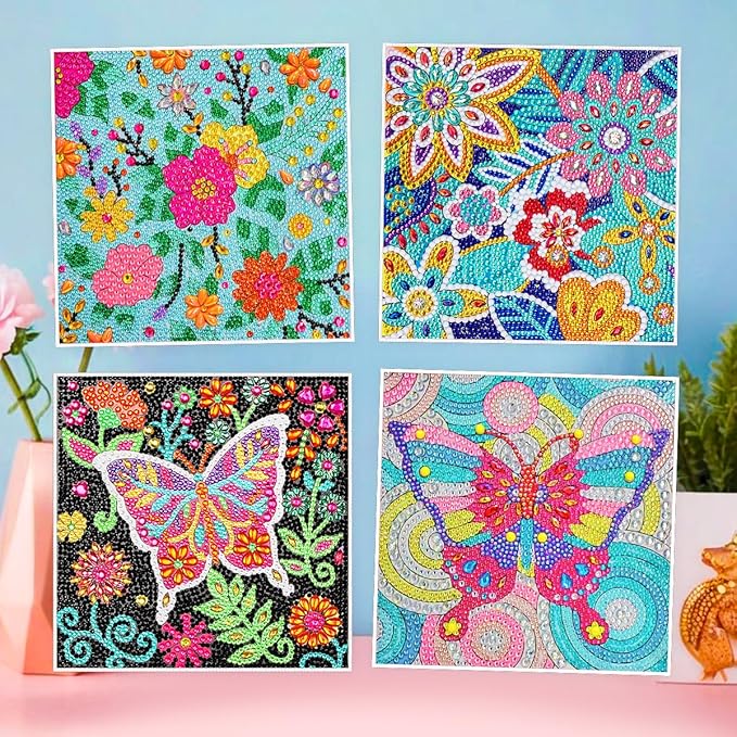 ZUYUSUT 4 Pack Cute Butterfly Flower Diamond Art Painting Kits for Kids Girls Ages 3-12 Art Crafts 5D Mosaic Gems Paint Sets by Number Kits for Kids Girls for Home Office Wall Decor