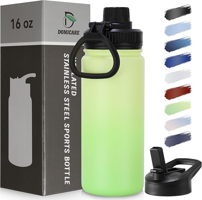 DOMICARE 16 oz Water Bottle Stainless Steel Double Wall Vacuum Insulated Water Bottle with Straw lids & Spout Lid, Leakproof