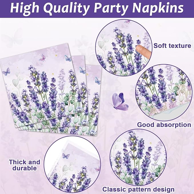 96 Pcs Spring Purple Party Supplies Lavender Paper Plates Napkins Watercolor Floral Cake Dessert Tableware Set Flower Butterfly Dinnerware for Summer Birthday Party Shower Decoration Serve 24