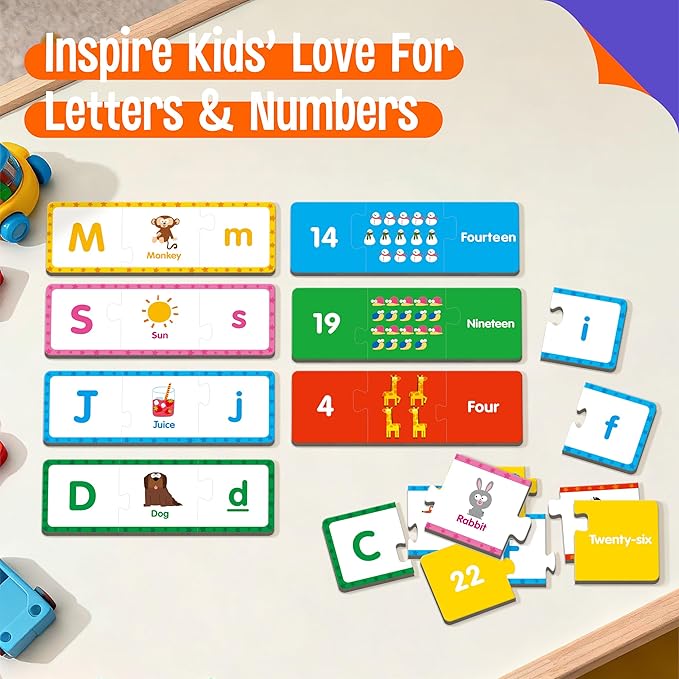 Alphabet & Number Puzzles, 26 Self-Correcting Matching Puzzle Set, 3-Piece Double-Sided Puzzle Cards, Educational Game for Kindergarten Readiness, Preschool Learning Activities, Homeschool Supplies