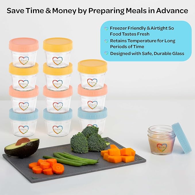 EVLA'S Baby Food Containers 12-Pack - 4 oz Glass Jars with Lids - BPA-Free, Microwave, Freezer, and Dishwasher Safe Glass Baby Food Jars or Toddler Snack Containers for Kids Purees or Breastmilk