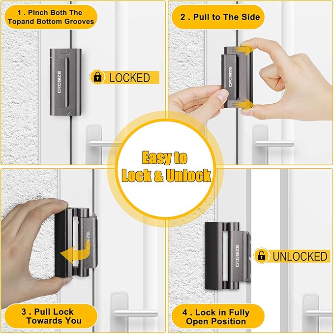 Home Security Door Lock, Upgraded Metal Door Reinforcement Lock, 3" Withstands 1000 lbs of Impact for Inward Swing Doors, Defender Door Locks for Kids Safety, Prevent Unauthorized Entry, Dark Gray